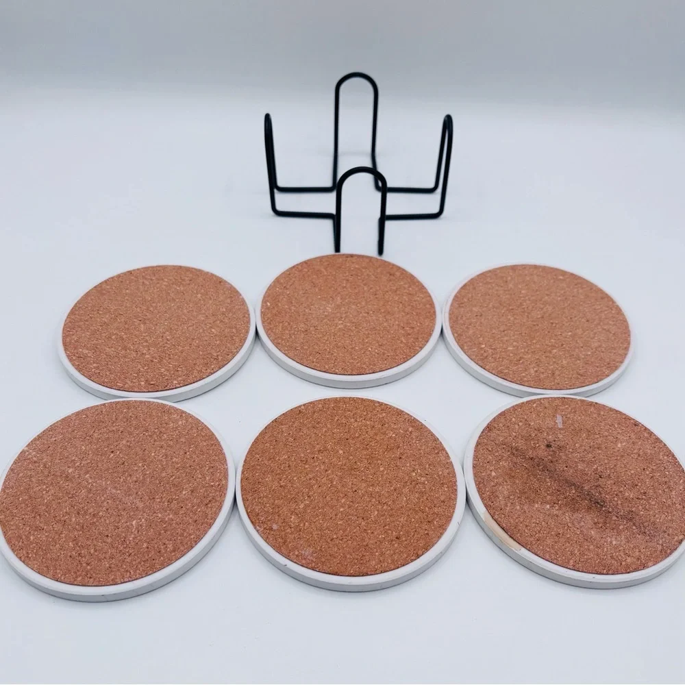 Marble Stone Coasters Set of 6 with Metal Holder — Absorbent Cork Back Drink